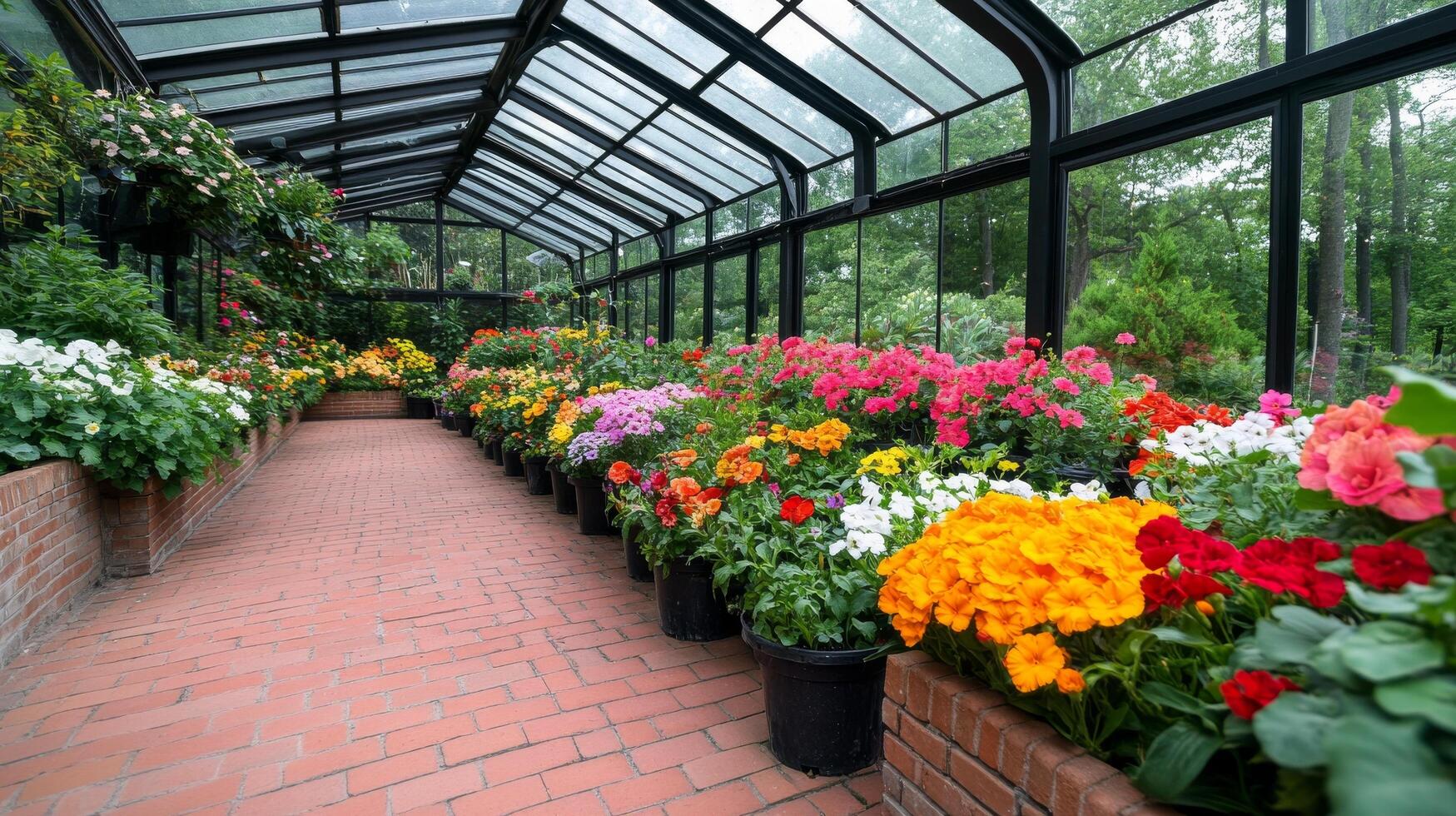 Vibrant flower-filled greenhouse showcasing colorful blooms during springtime photo