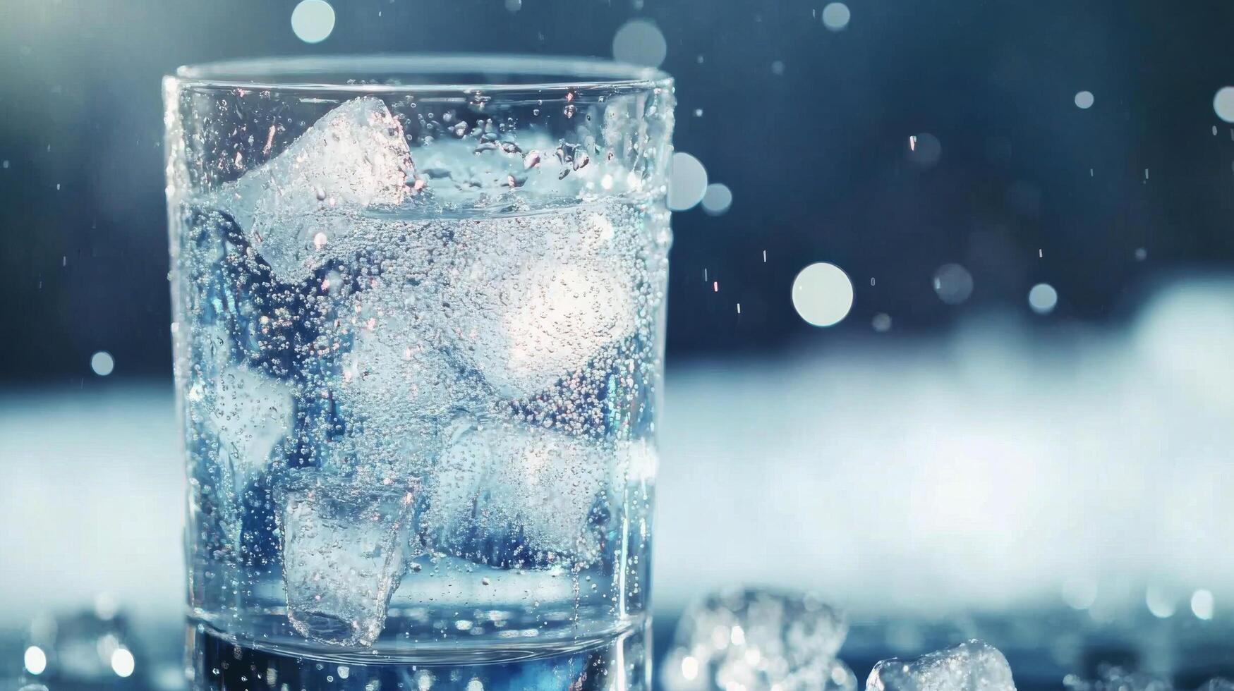 Refreshing glass of iced water with ice cubes on a table surrounded by soft bokeh lights photo