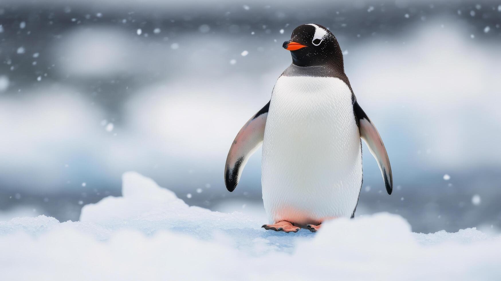 A gentoo penguin standing on ice surrounded by falling snow in the Antarctic region during winter photo
