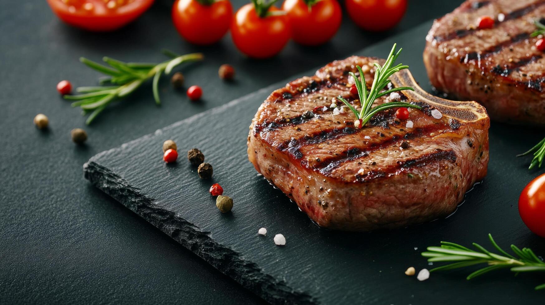 Grilled steaks served with fresh tomatoes and herbs on a dark stone plate in a modern kitchen photo