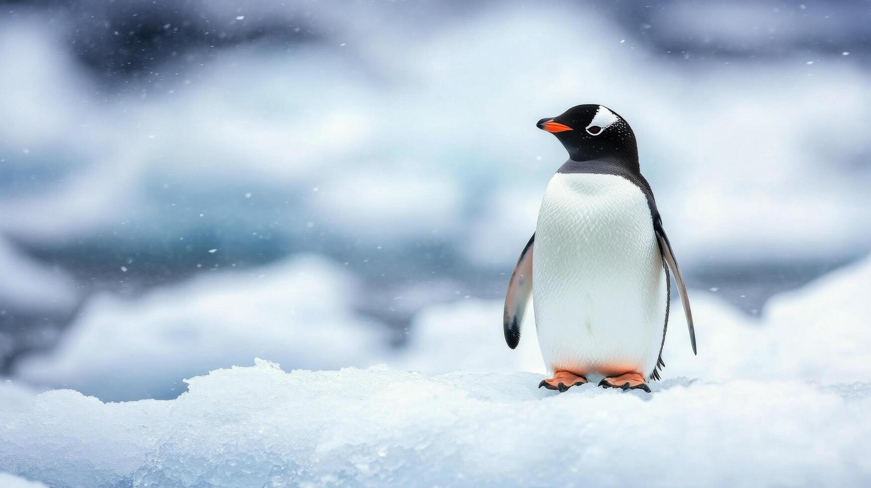 A gentoo penguin standing on ice surrounded by falling snow in the Antarctic region during winter photo