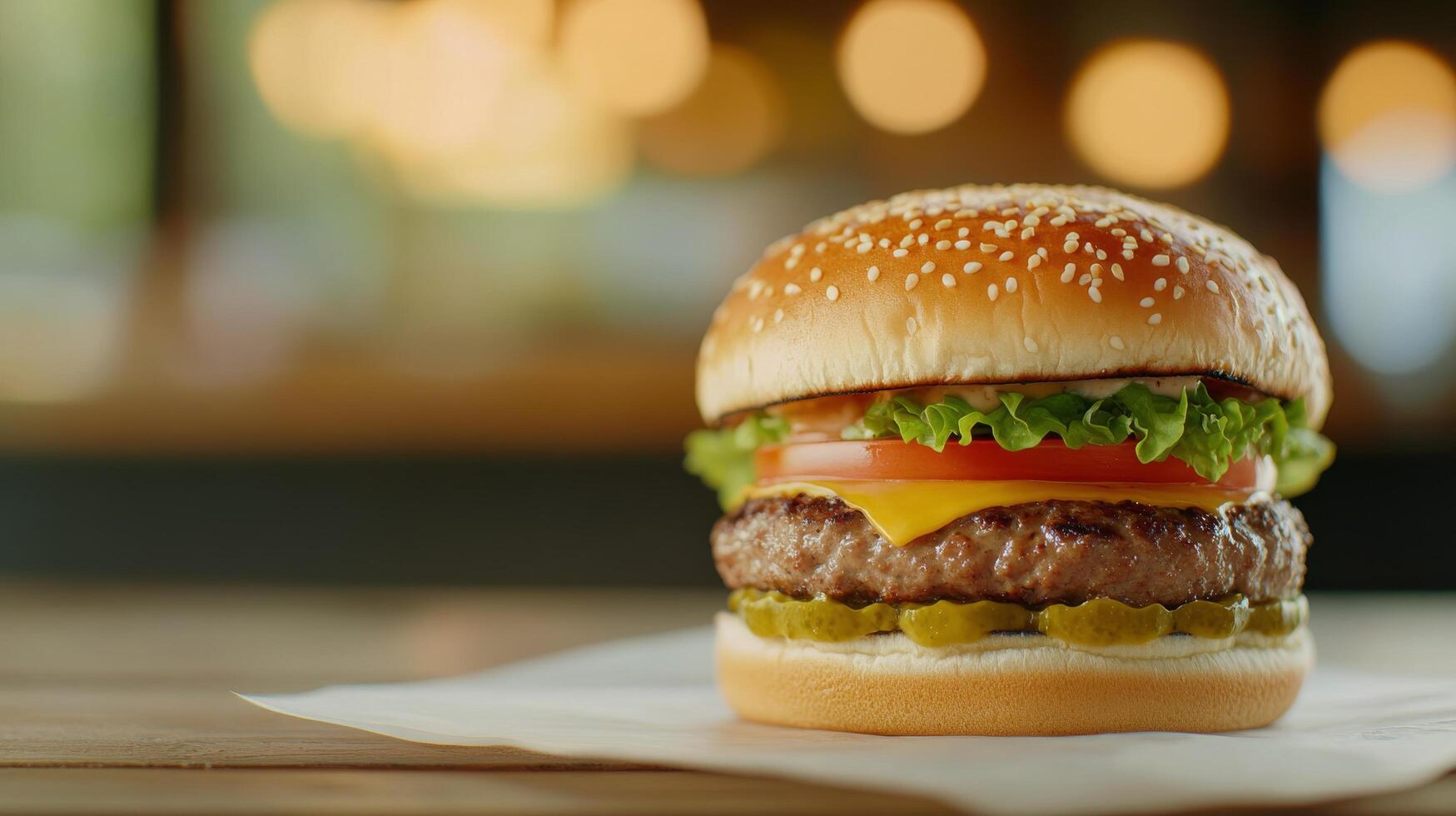 Delicious cheeseburger with fresh toppings served in a cozy diner setting photo