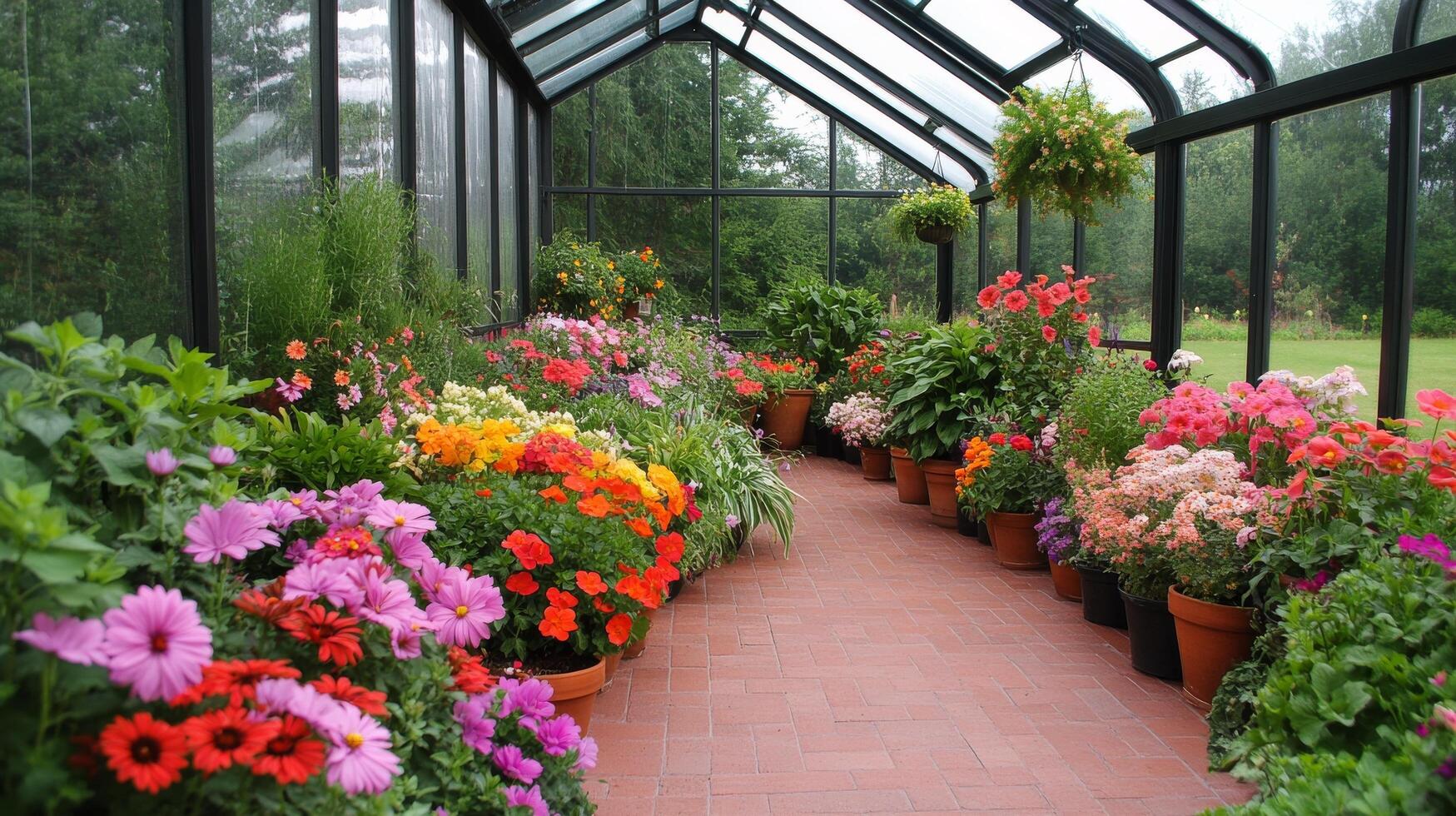 Vibrant flower-filled greenhouse showcasing colorful blooms during springtime photo