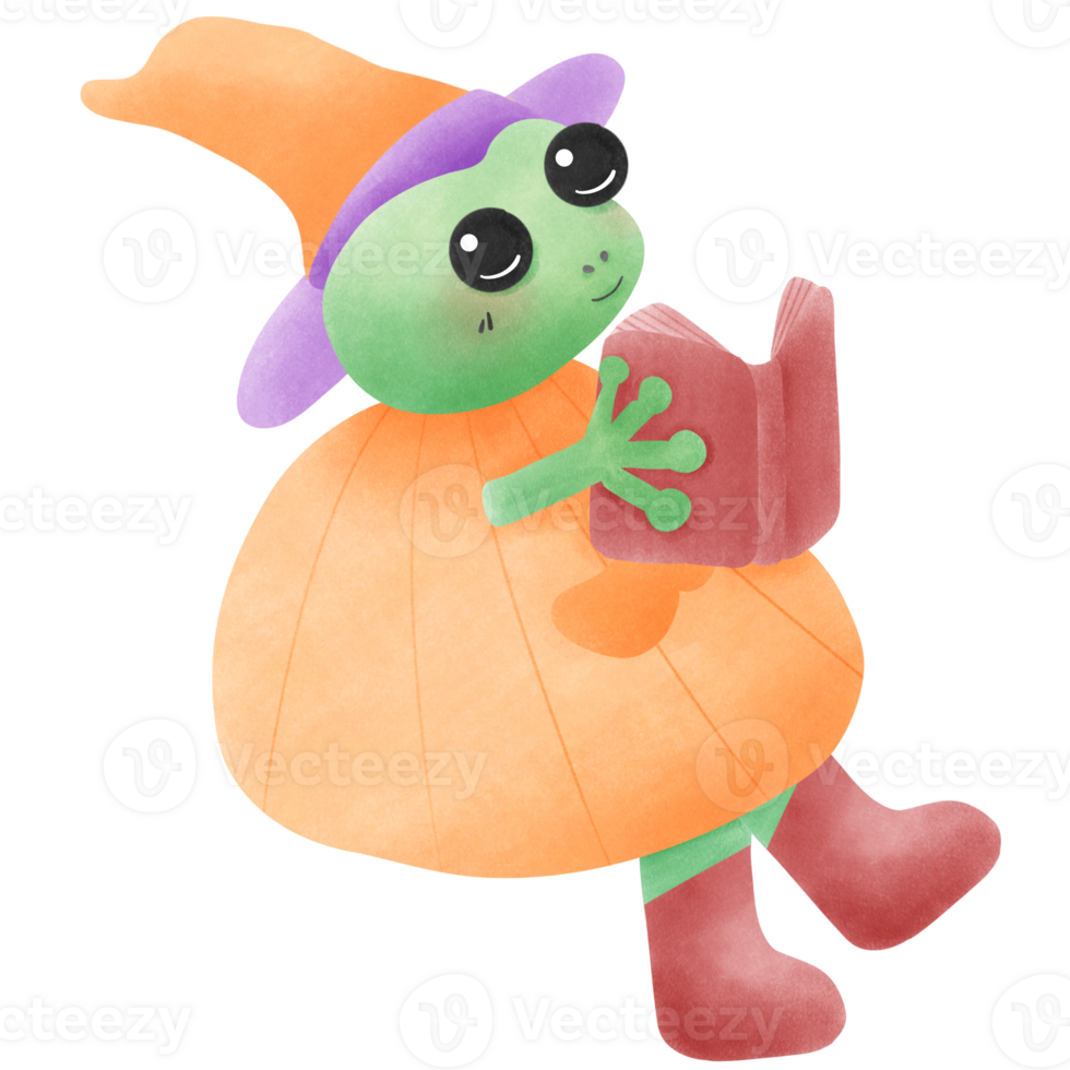A cheerful green witch delights in reading a book while seated, wearing a playful orange dress and a purple hat png