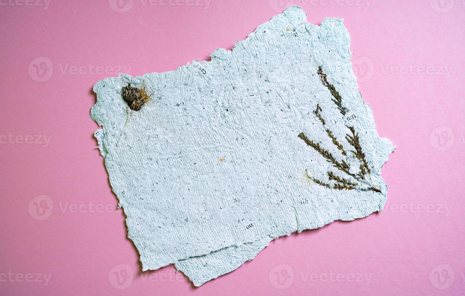 A sheet of paper with dried flowers made of recycled paper. Secondary production. Making paper with your own hands at home. photo