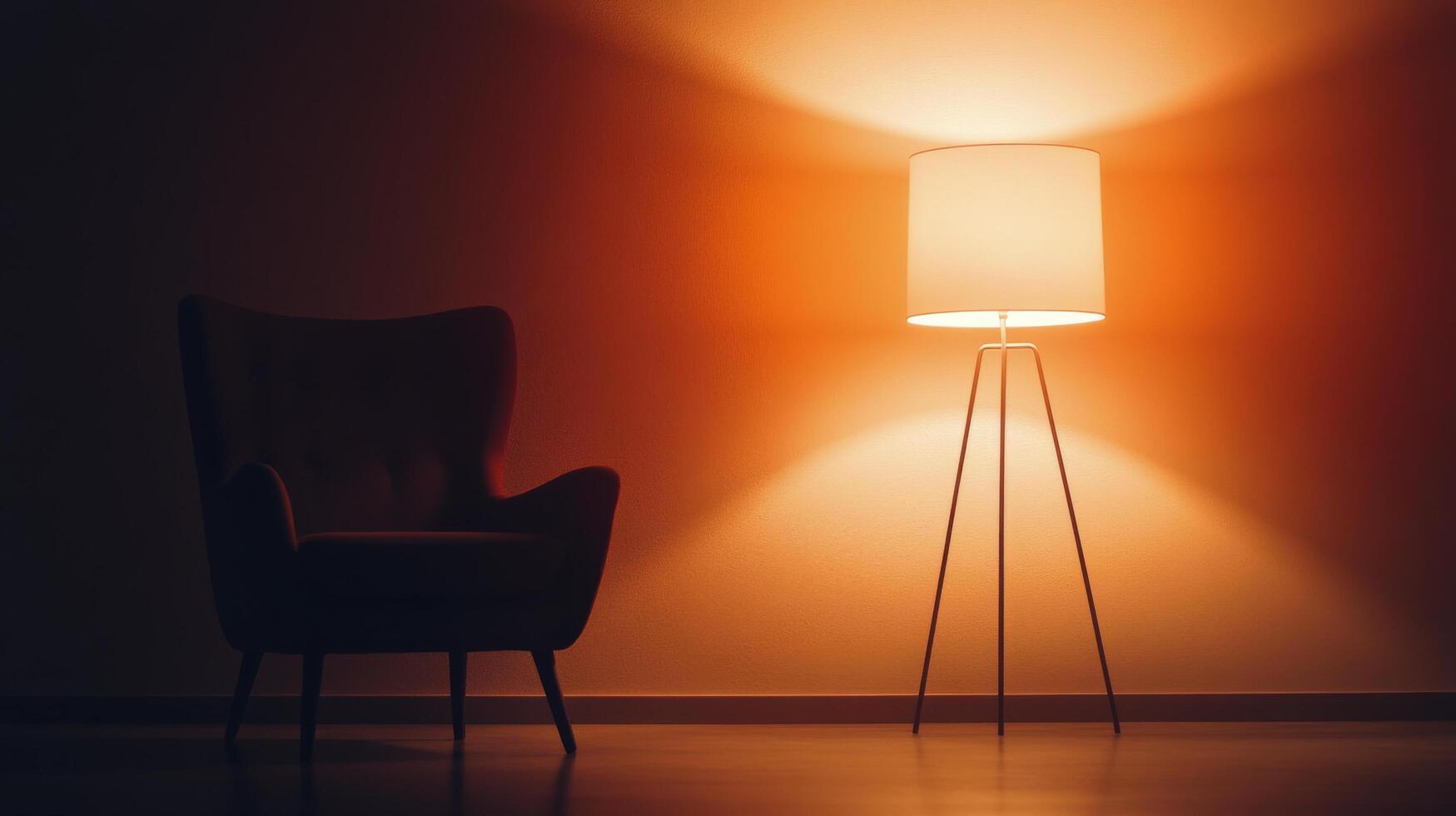 Cozy armchair beside a warm lamp in a softly lit room during evening hours photo