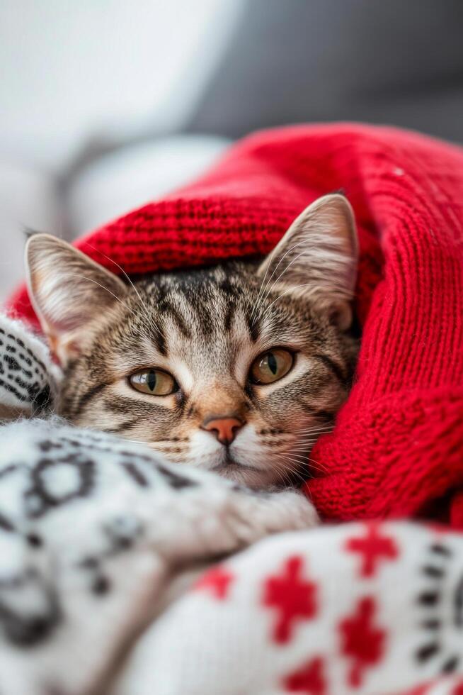 Cozy cat wrapped in a red blanket resting indoors on a chilly day photo
