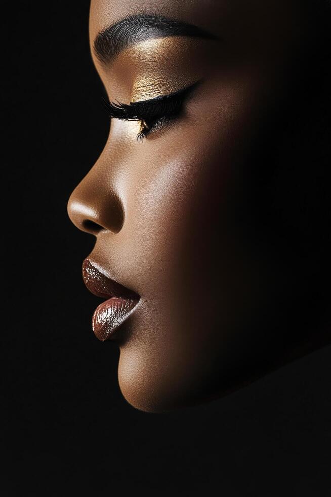 Elegant profile of a woman showcasing natural beauty and artistry in soft lighting photo