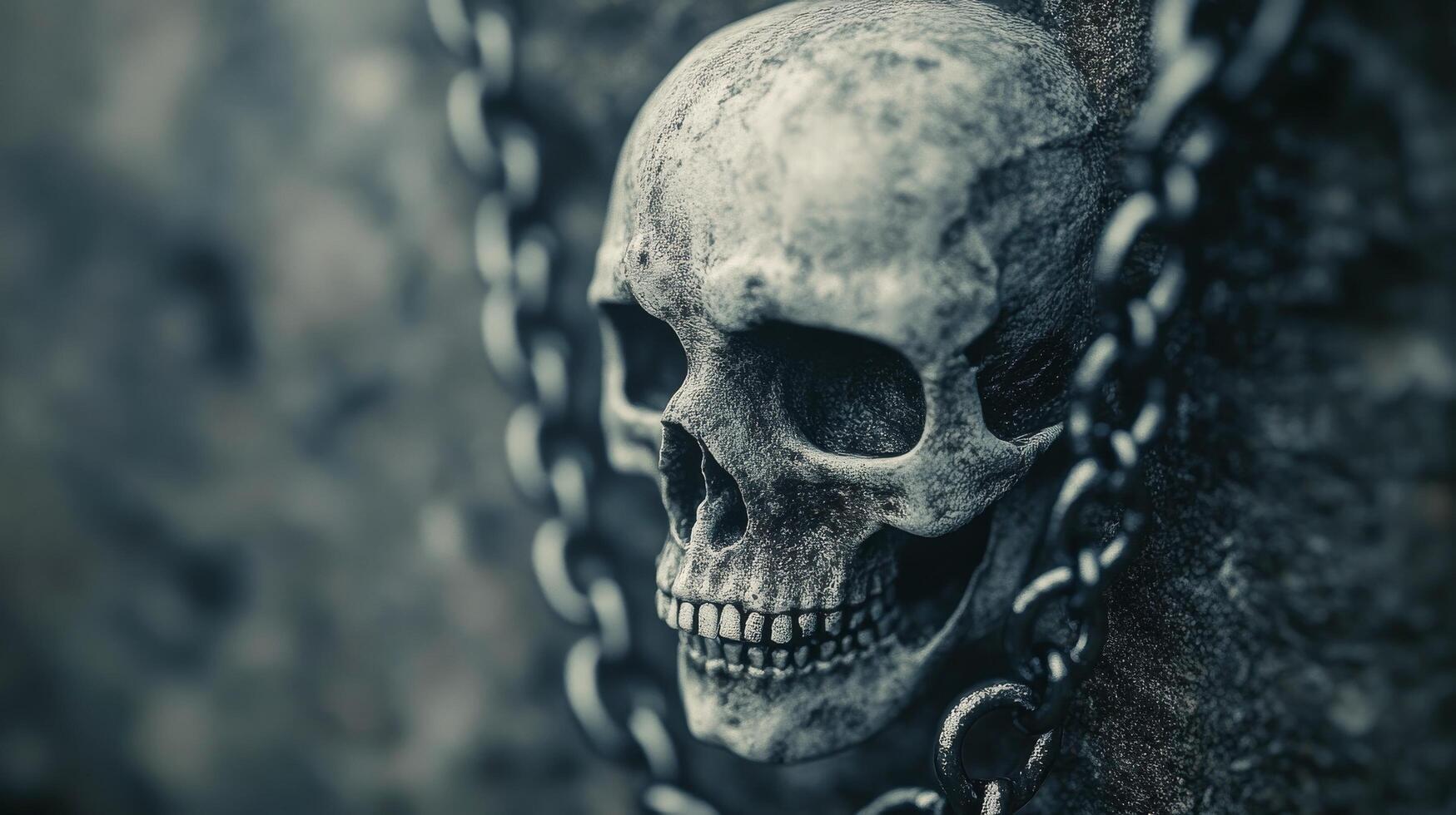 A detailed close-up of an eerie skull with chains on a weathered stone wall photo