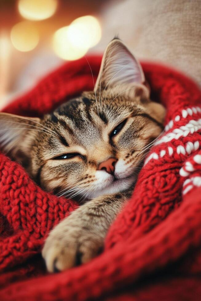 Cozy cat wrapped in a red blanket resting indoors on a chilly day photo