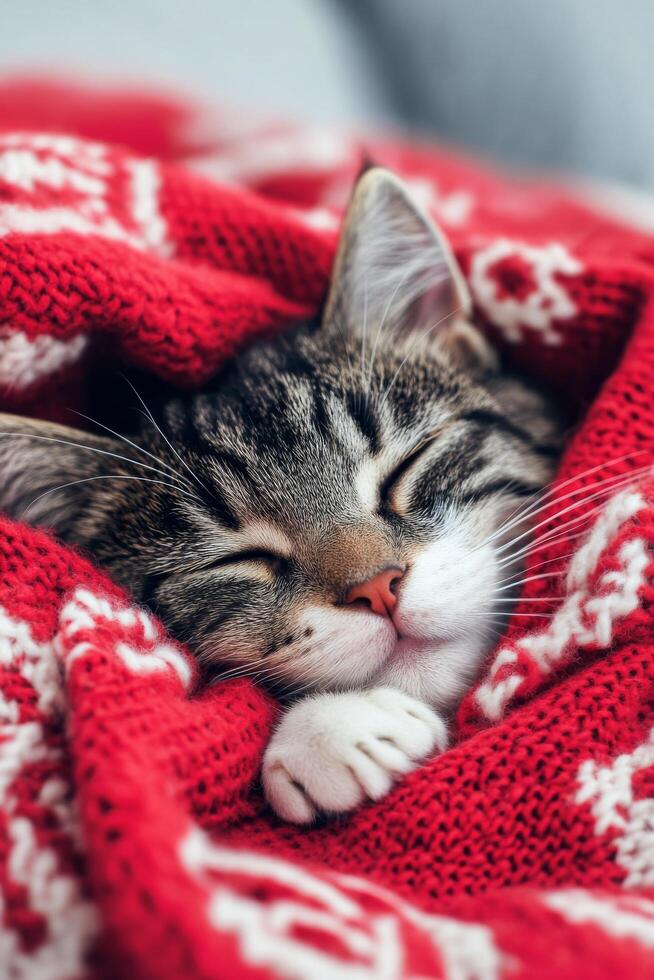 Cozy cat wrapped in a red blanket resting indoors on a chilly day photo