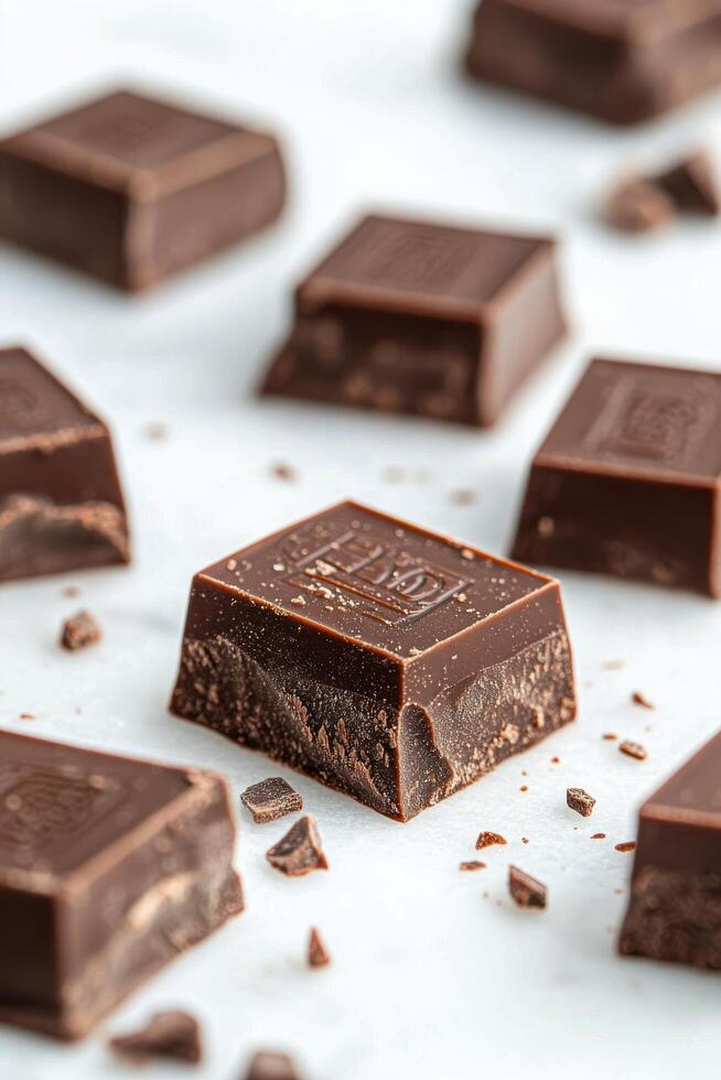 Delicious dark chocolate squares arranged on a marble surface with scattered crumbs photo