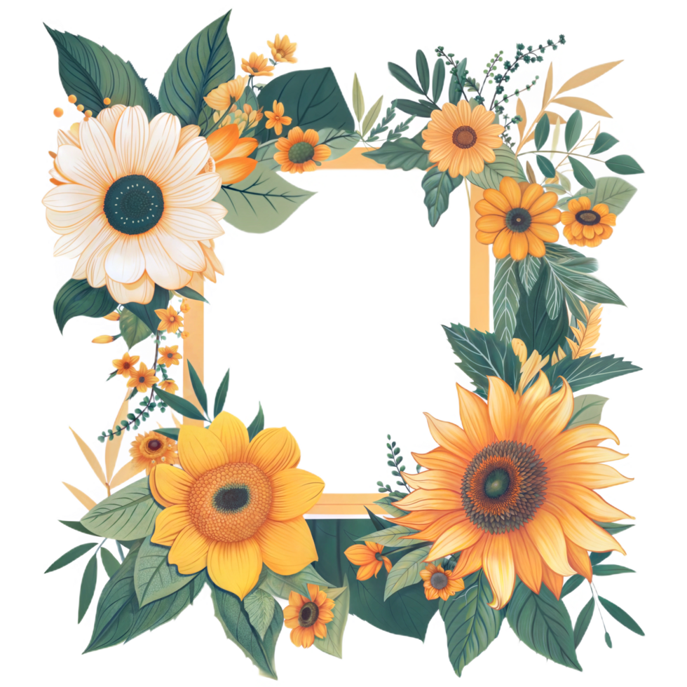 Elegant Floral Banner Design Featuring Yellow Sunflowers and Green Leaves png