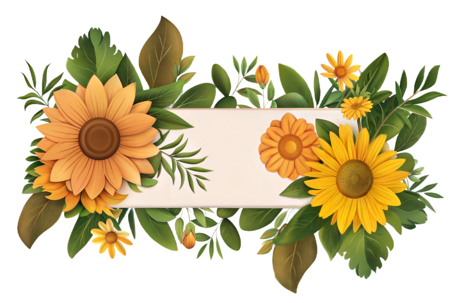 Elegant Floral Banner Design Featuring Yellow Sunflowers and Green Leaves png