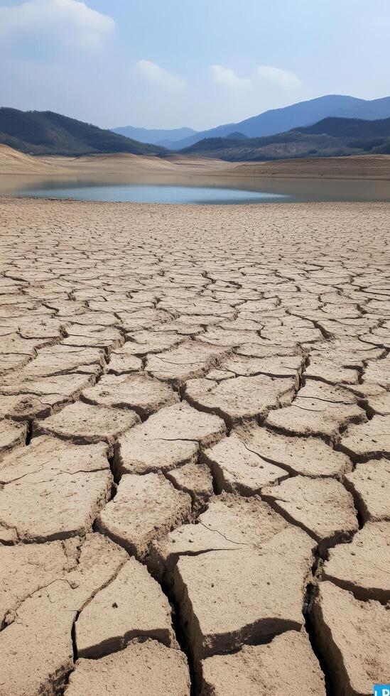 Dried cracked earth near a serene lake bordered by mountains on a cloudy day photo