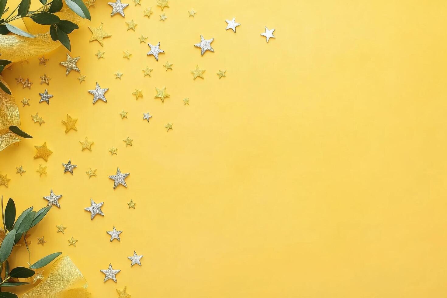 Gold and black stars scattered on a bright yellow background for festive celebrations photo