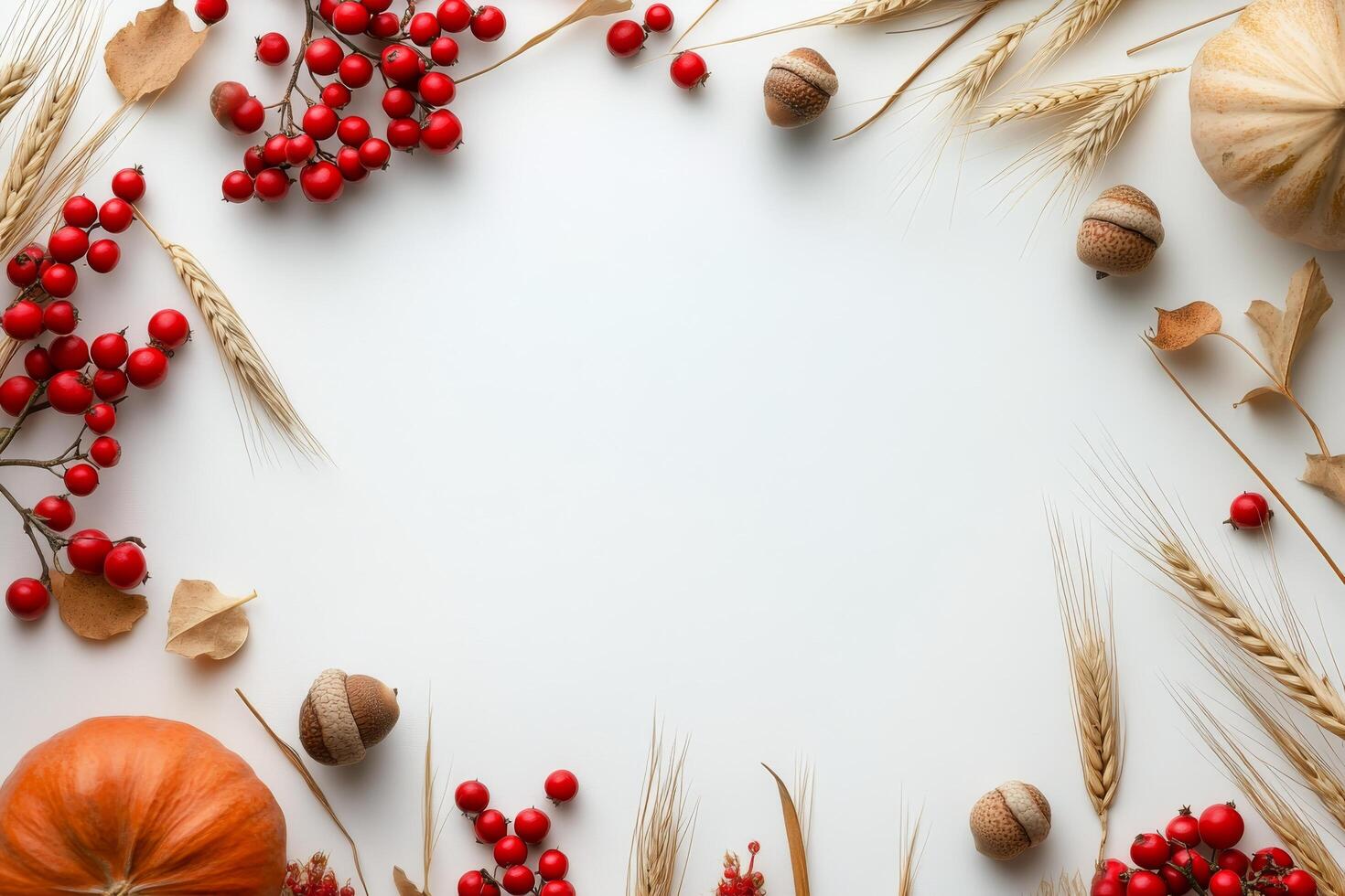 Autumn harvest display with colorful berries, nuts, and grains arranged on a neutral background photo
