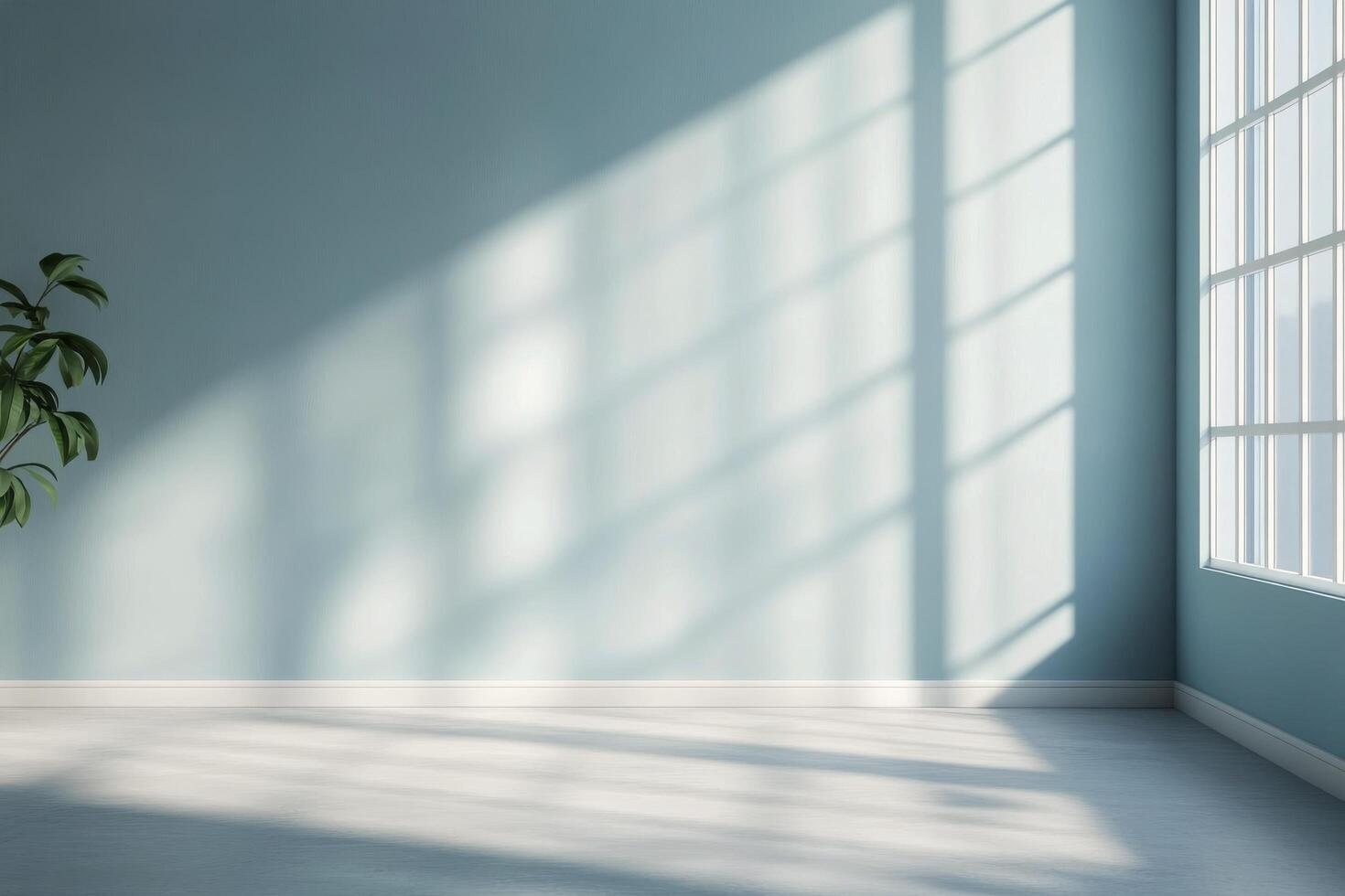 Brightened interior with turquoise walls and sunlight streaming through large windows photo