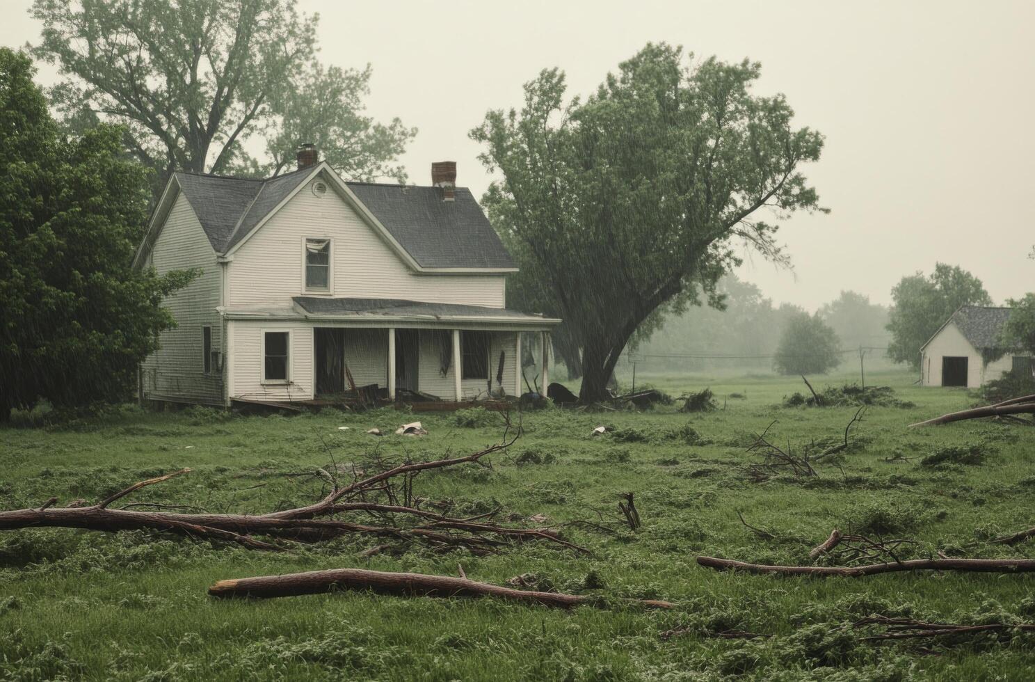 Damage from a storm in a suburban neighborhood with fallen branches and a parked car photo