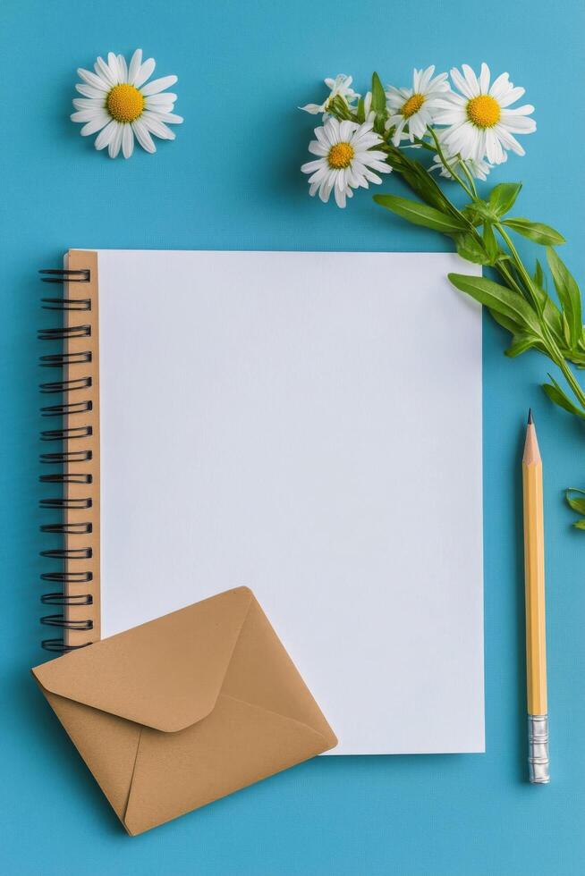 A blank notebook, pencil, flowers, and an envelope positioned on a blue background photo