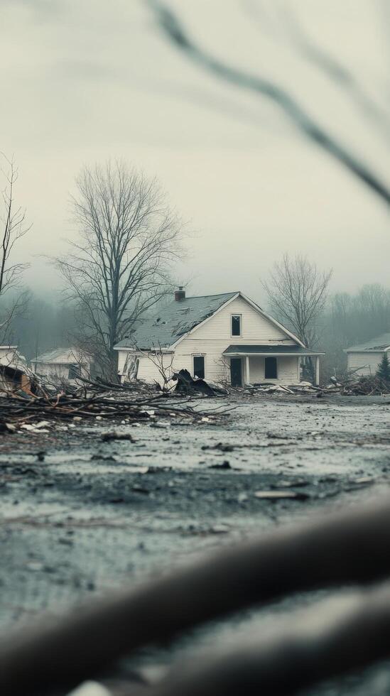A sunlit rural landscape featuring a weathered house with exposed earth and scattered debris photo