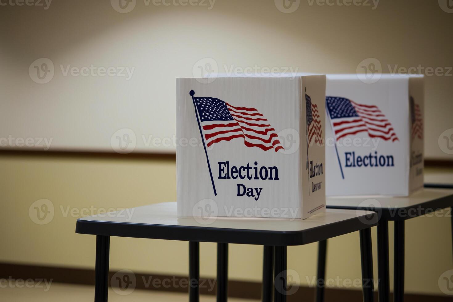Voting booths with american flag and election day sign in a polling station photo