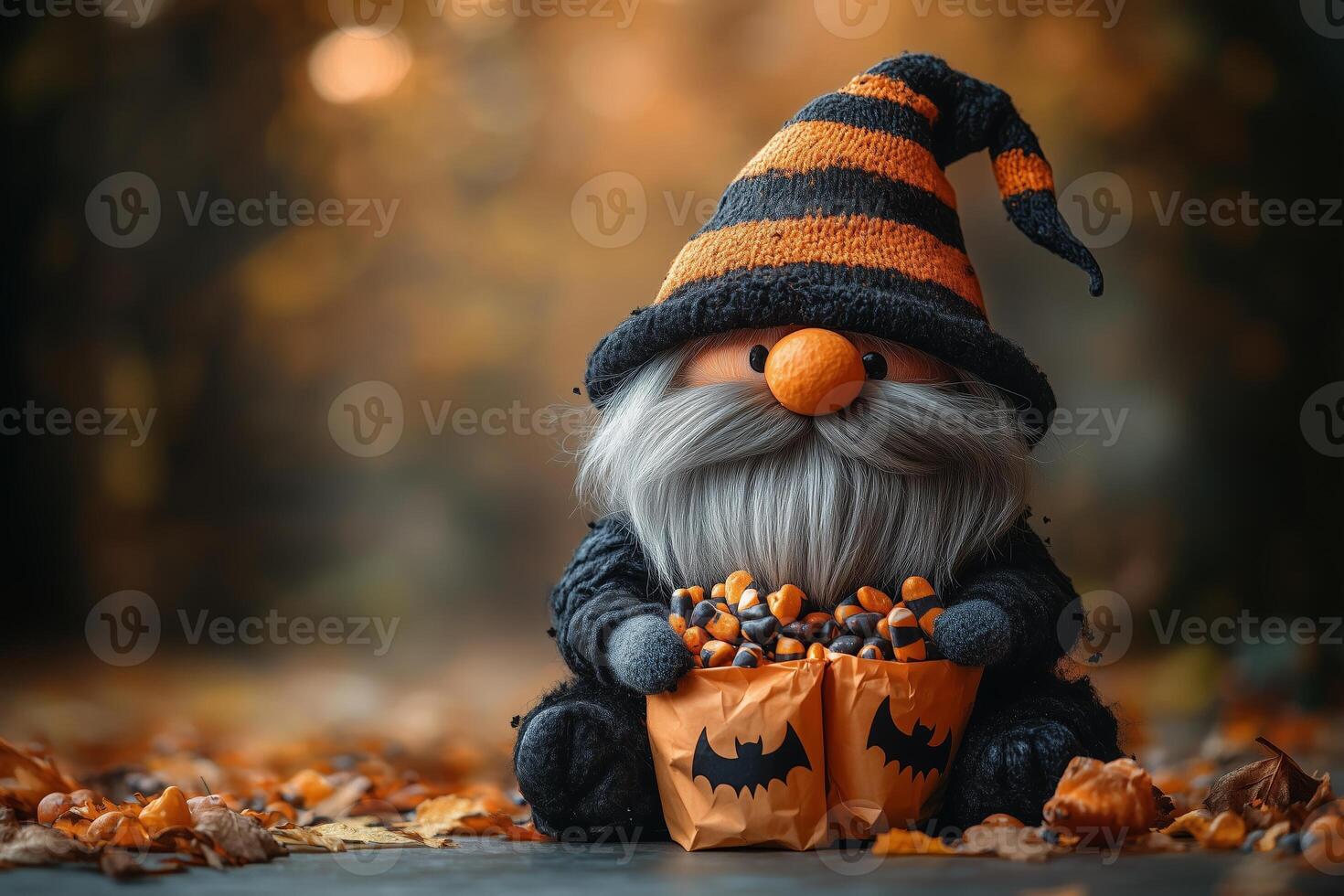 Adorable halloween gnome holding candy bags in autumn forest. Halloween greeting card with copy space. photo
