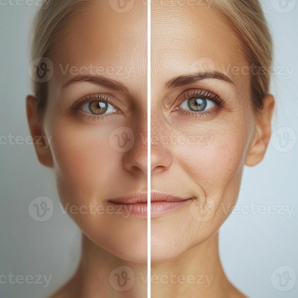 Before and after beauty transformation wrinkle reduction and skin smoothing photo