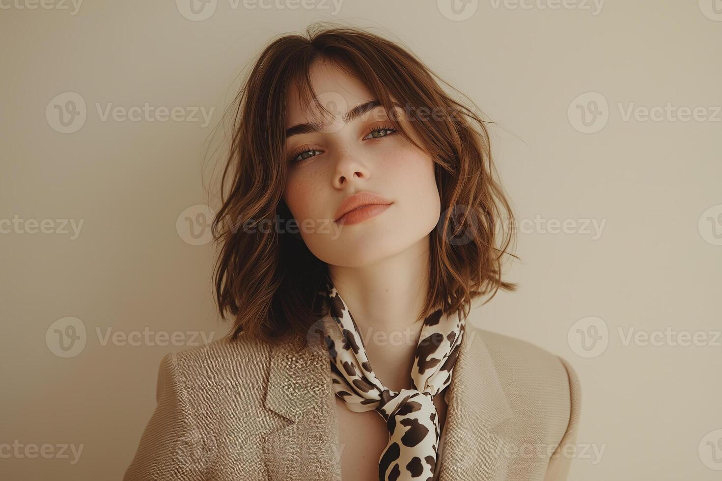 Chic young woman in stylish blazer and cow animal print scarf against neutral background. photo