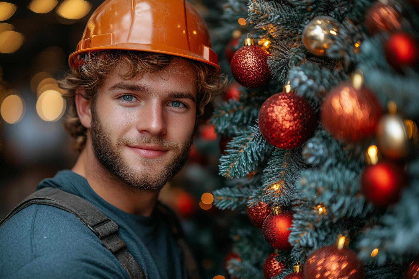 Smiling young worker decorating christmas tree with ornaments and hard hat photo
