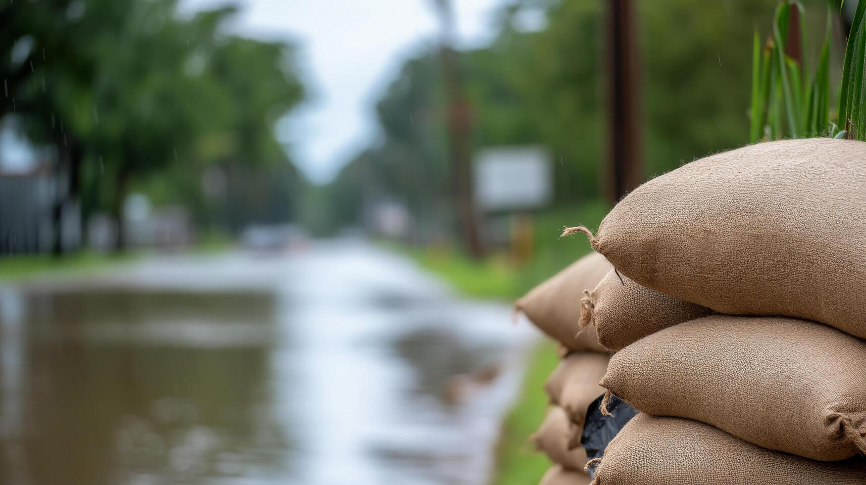 Sacks of goods stacked neatly along a wet street during overcast weather photo