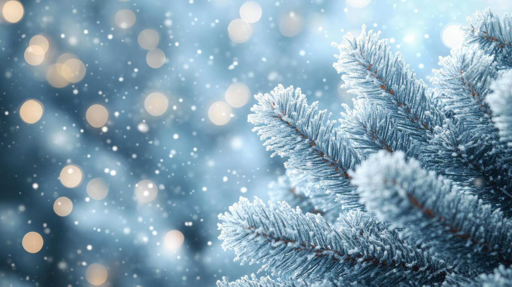Frosted pine branches frame a serene blue background, perfect for winter and holiday themes photo