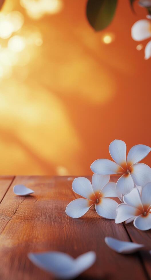 Delicate white flowers resting on a wooden surface against a warm orange background photo