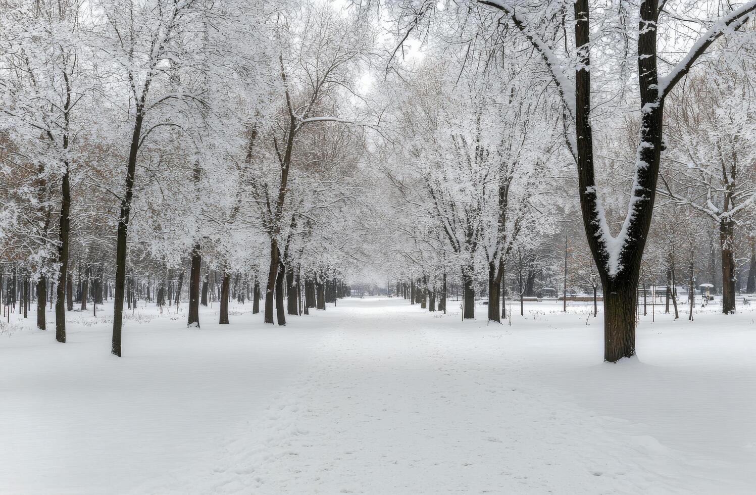Snow-covered tree-lined pathway in a serene winter landscape during daytime photo