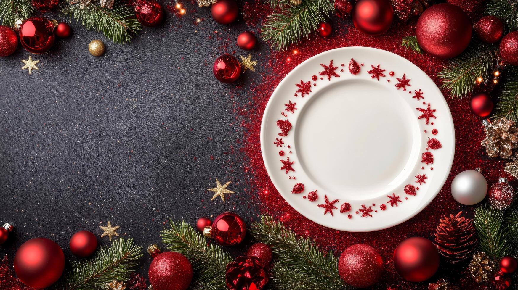 A festive empty plate surrounded by Christmas decorations on a vibrant red table photo