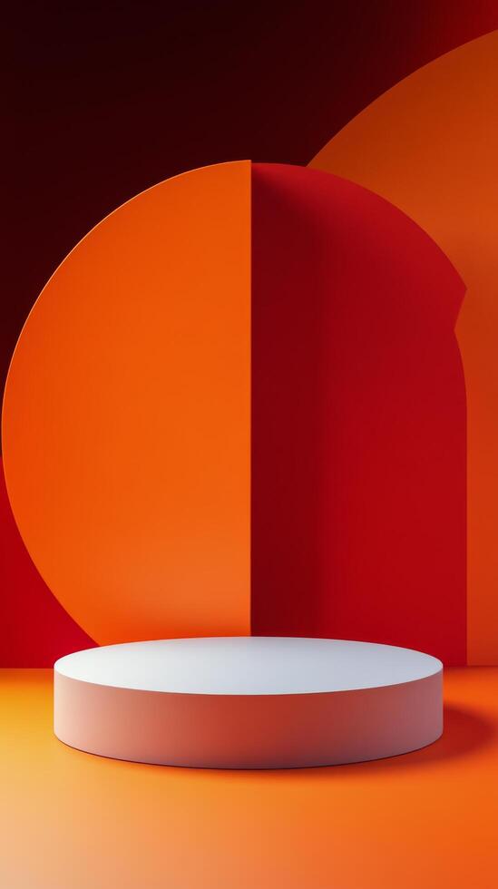 Minimalist display platform with orange geometric shapes and gradient background in modern art style photo