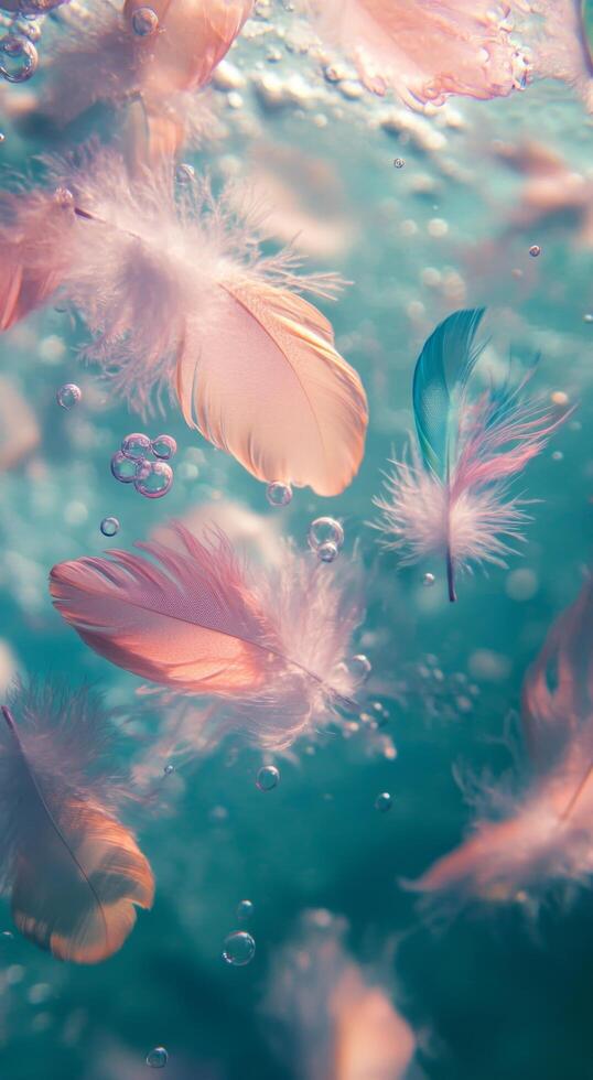 Delicate pink feathers gently float in a shimmering blue background with soft bubbles photo
