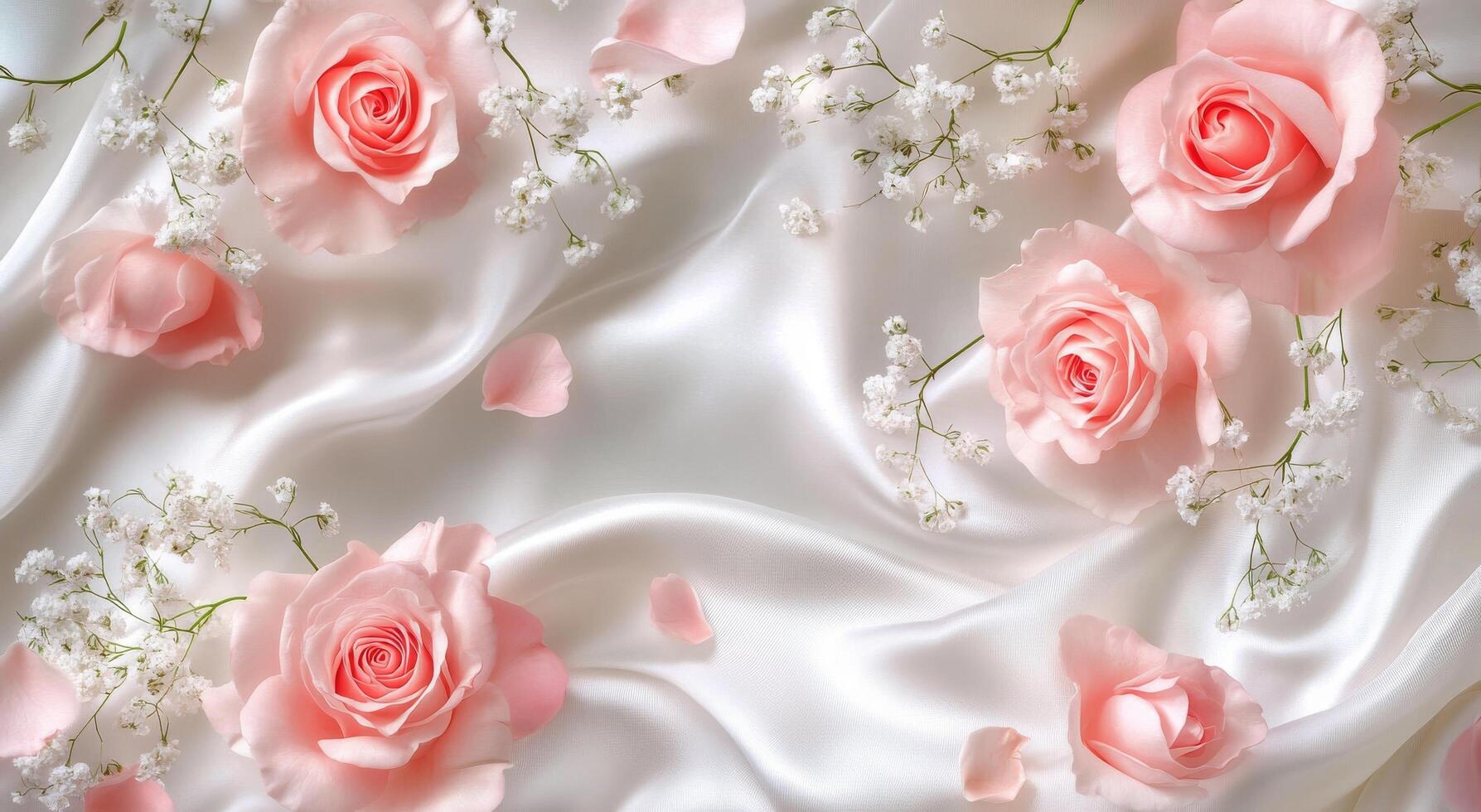Soft pink roses arranged elegantly on silk fabric with delicate baby's breath scattered around photo