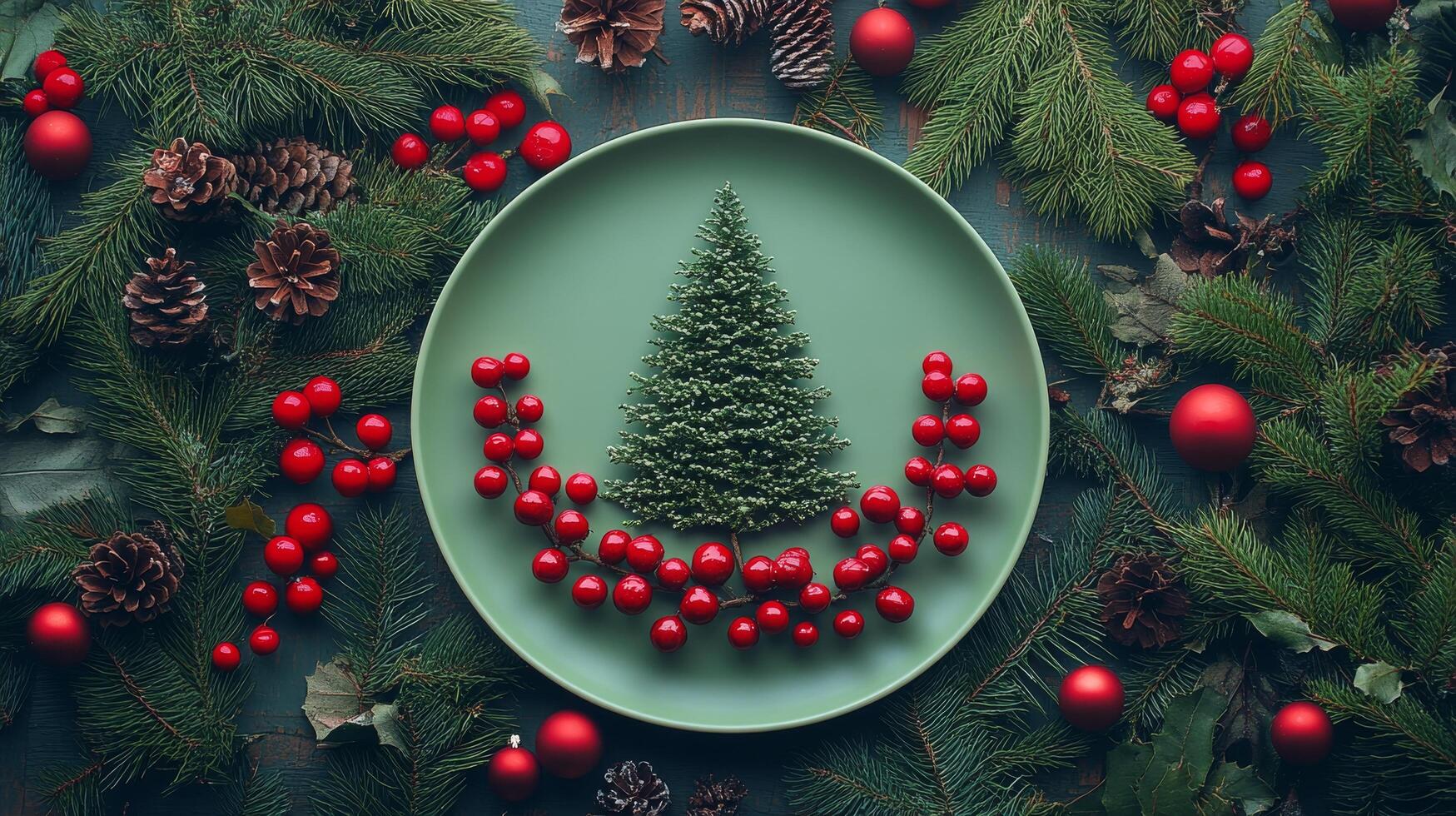 Festive holiday decoration with a small tree, red ornaments, and green plate on a textured surface photo