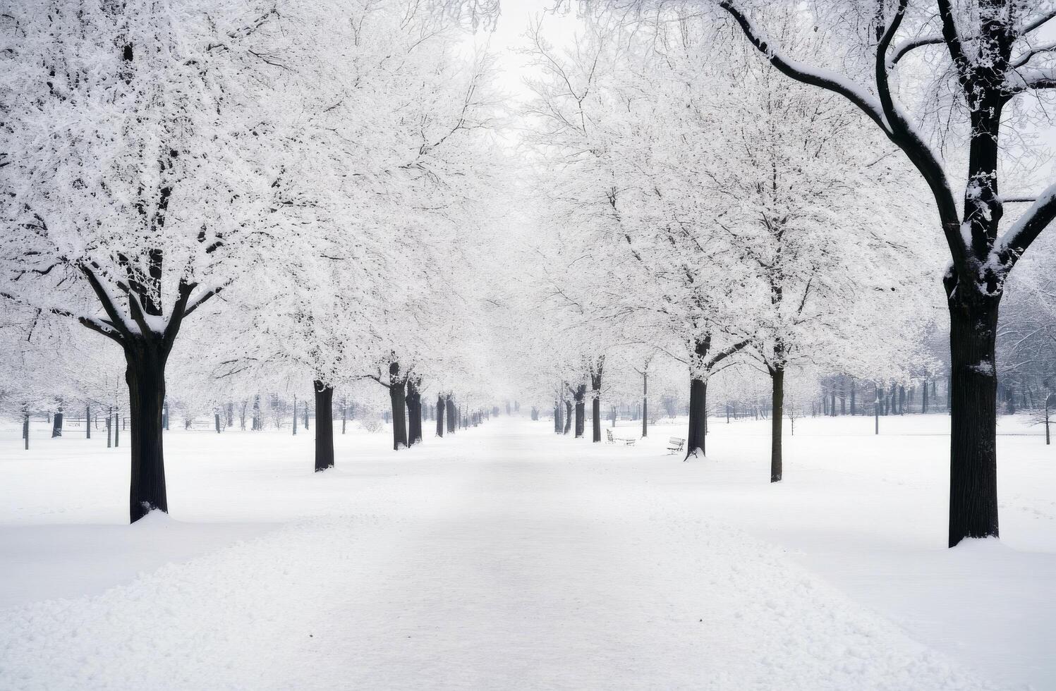 Snow-covered tree-lined pathway in a serene winter landscape during daytime photo