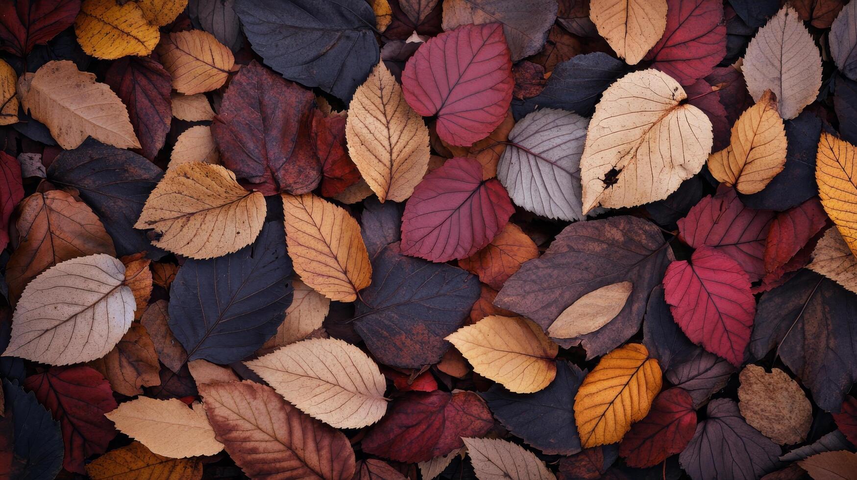 Colorful autumn leaves scattered on the forest floor during a bright fall day photo