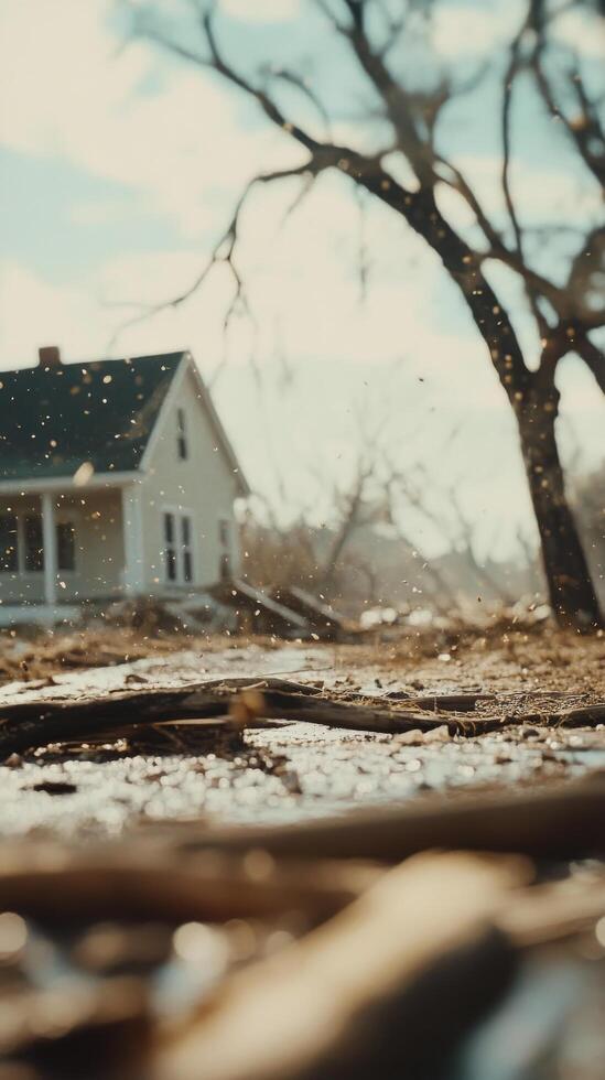 A sunlit rural landscape featuring a weathered house with exposed earth and scattered debris photo