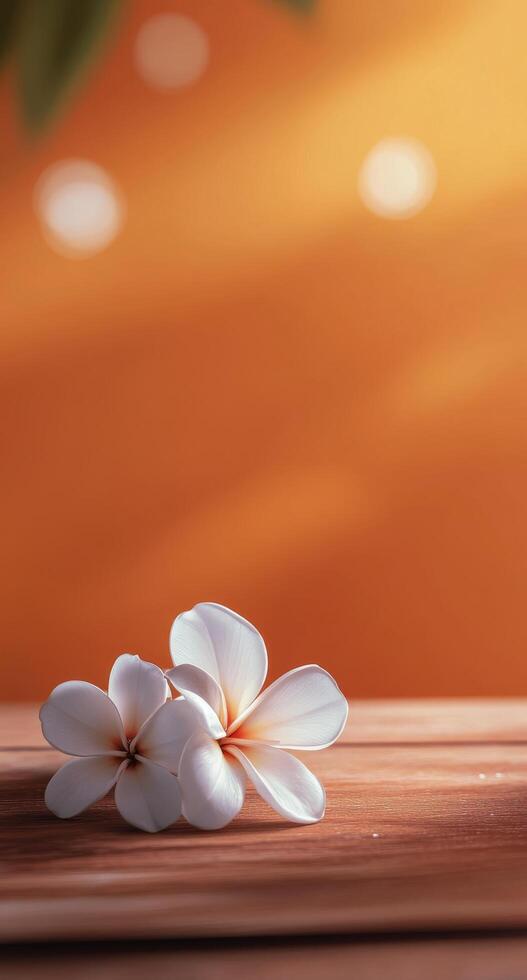 Delicate white flowers resting on a wooden surface against a warm orange background photo