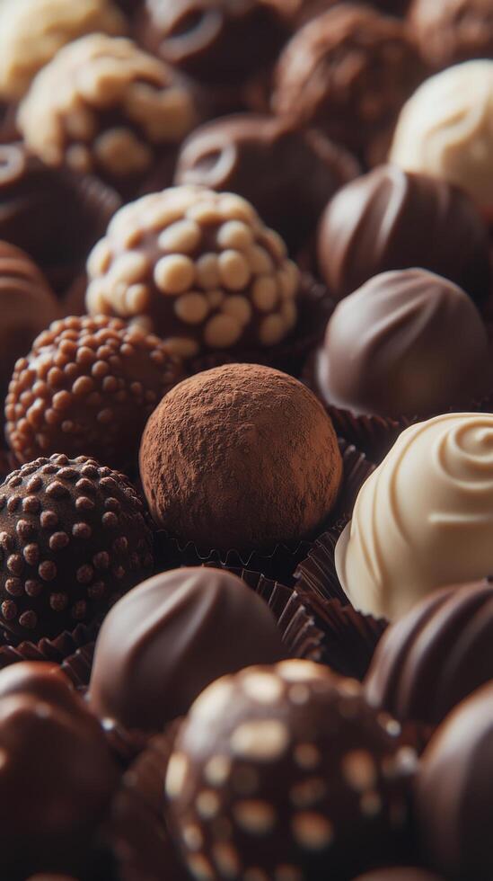 An assortment of gourmet chocolates in various textures and designs displayed beautifully photo