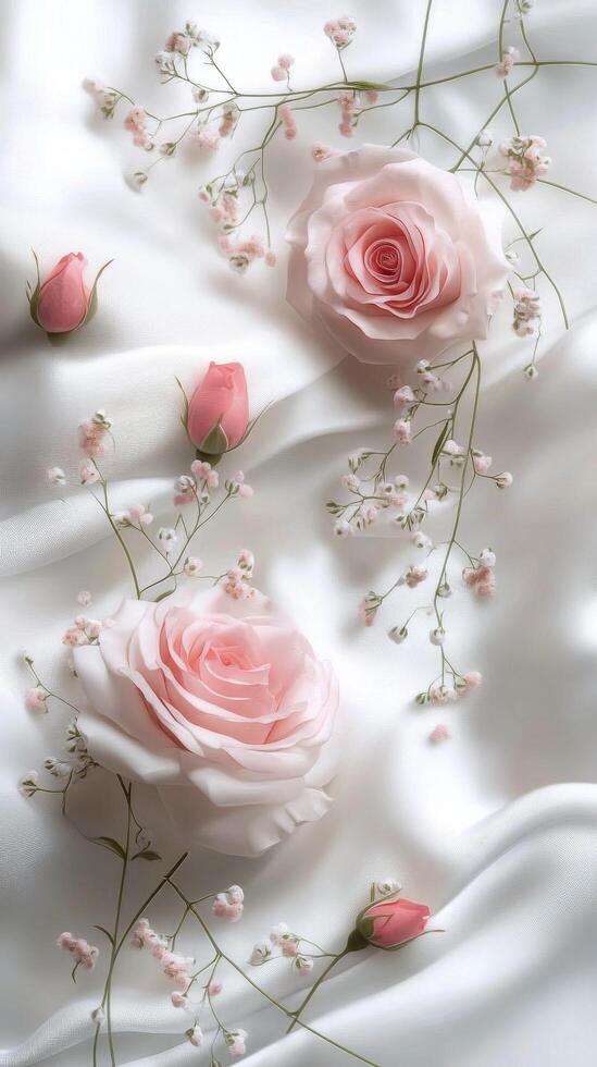 Soft pink roses and delicate babys breath on a smooth white fabric background in natural light photo