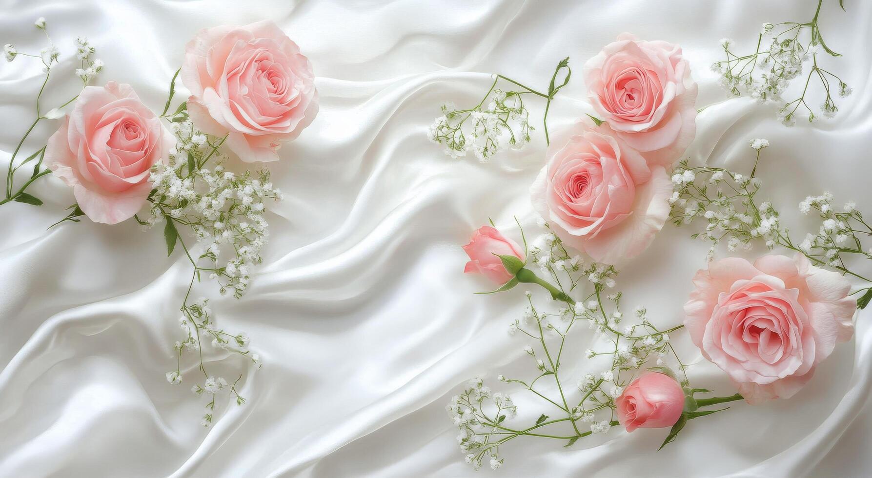 Soft pink roses arranged elegantly on silk fabric with delicate baby's breath scattered around photo