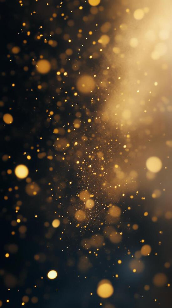 Golden particles dancing in the air against a dark background create a magical atmosphere photo