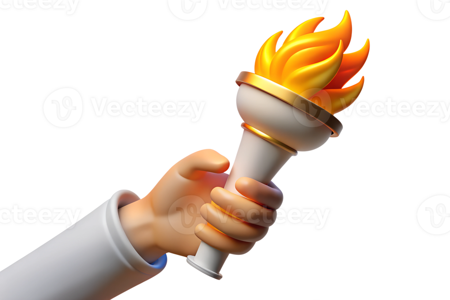 Human hand holding olympic torch with fire flames 3d illustration isolated on the transparent background png