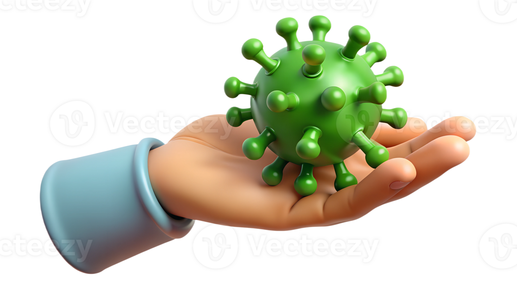 Human hand holding green virus 3d illustration isolated on the transparent background png