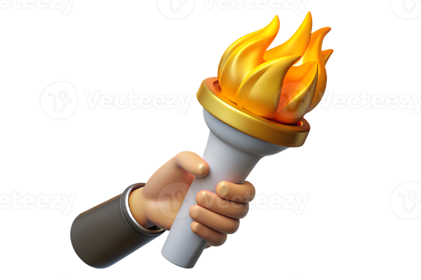 Human hand holding olympic torch with fire flames 3d illustration isolated on the transparent background png